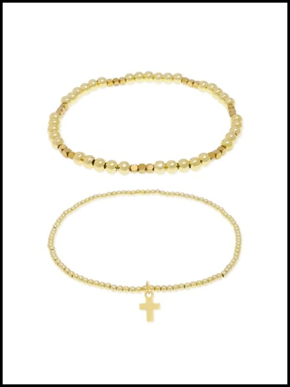 Gold Beaded Stack Bracelets Set 2Pcs Boho Cross Charm Handmade Stretch Jewelry